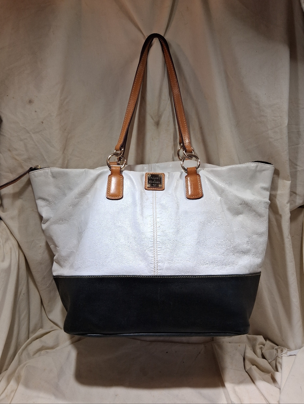Dooney & Bourke White and Black Leather Tote with Tan Handles